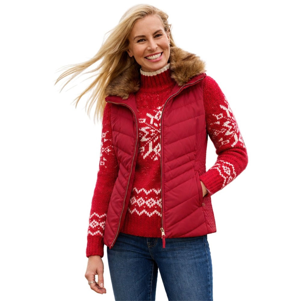 Talbots Puffer Vest Womens Large Red Down Fill Faux Fur Collar Quilted Pockets